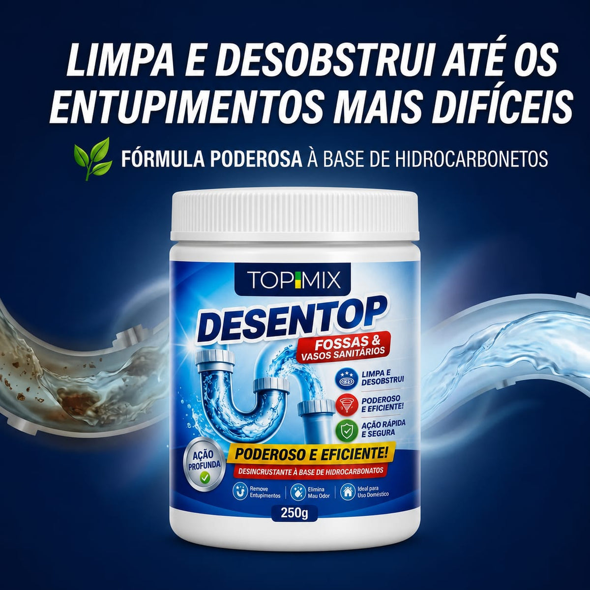 Desentupidor químico dissolvendo acúmulo de cabelos e sabonete no ralo do banheiro