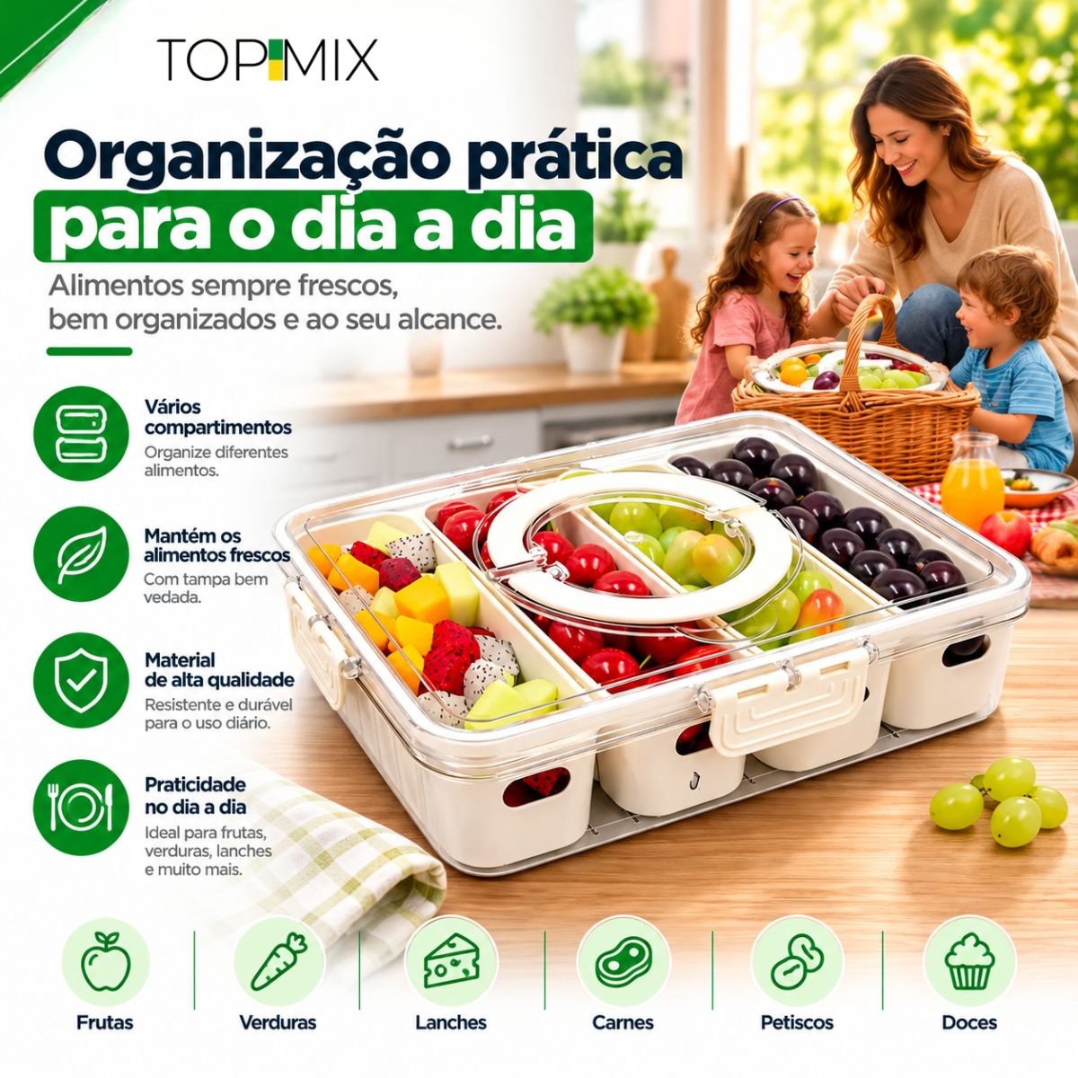 Organizador de Alimento com 8 Divisórias Para Frutas Legumes e Petiscos Top Mix Brasil