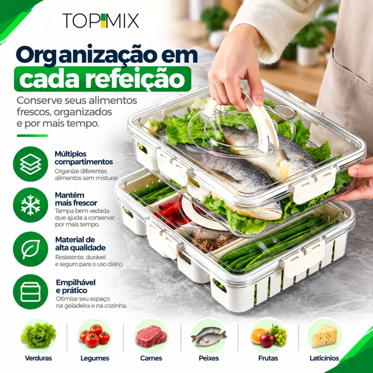 Organizador de Alimento com 8 Divisórias Para Frutas Legumes e Petiscos Top Mix Brasil