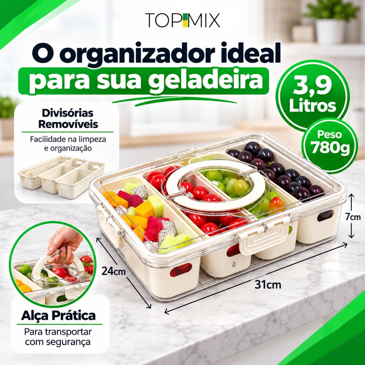 Organizador de Alimento com 8 Divisórias Para Frutas Legumes e Petiscos Top Mix Brasil