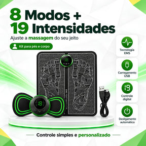 Kit Massageador para Pés e Corpo com Tapete e Mini Massageador USB – 8 Modos e 19 Níveis de Intensidade