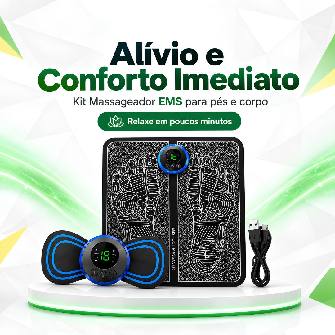 Kit Massageador para Pés e Corpo com Tapete e Mini Massageador USB – 8 Modos e 19 Níveis de Intensidade