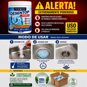 Infográfico mostrando o passo a passo de como aplicar o pó desentupidor com água morna