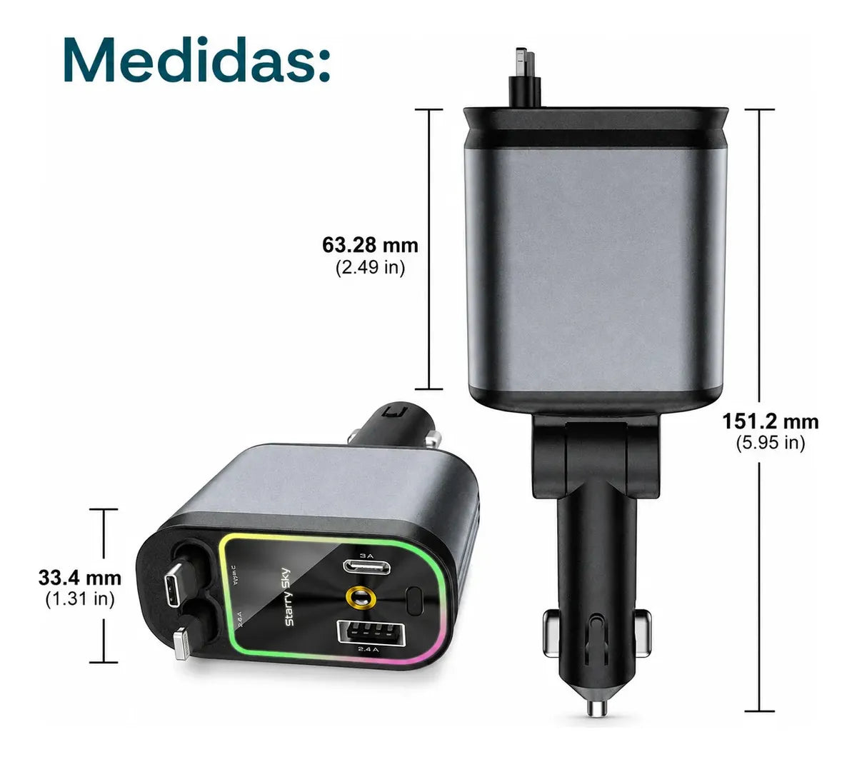 Carregador Veicular Turbo 4 em 1 Articulado 180° com Cabos Integrados