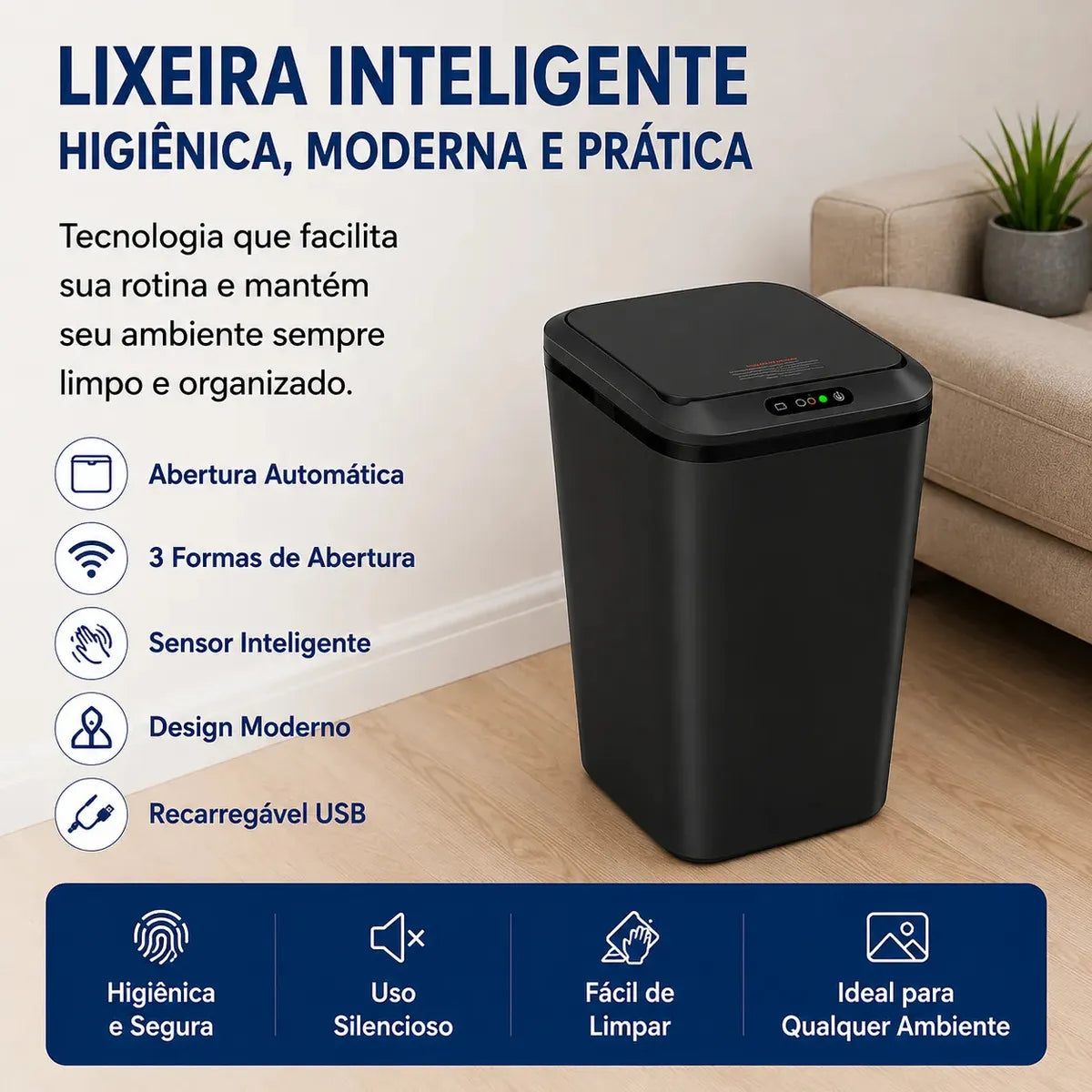 Lixeira Inteligente 16L com Sensor Automático Ideal para Banheiro, Cozinha e Escritório, Recarregável Via USB