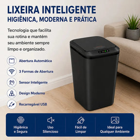 Lixeira Inteligente 16L com Sensor Automático Ideal para Banheiro, Cozinha e Escritório, Recarregável Via USB