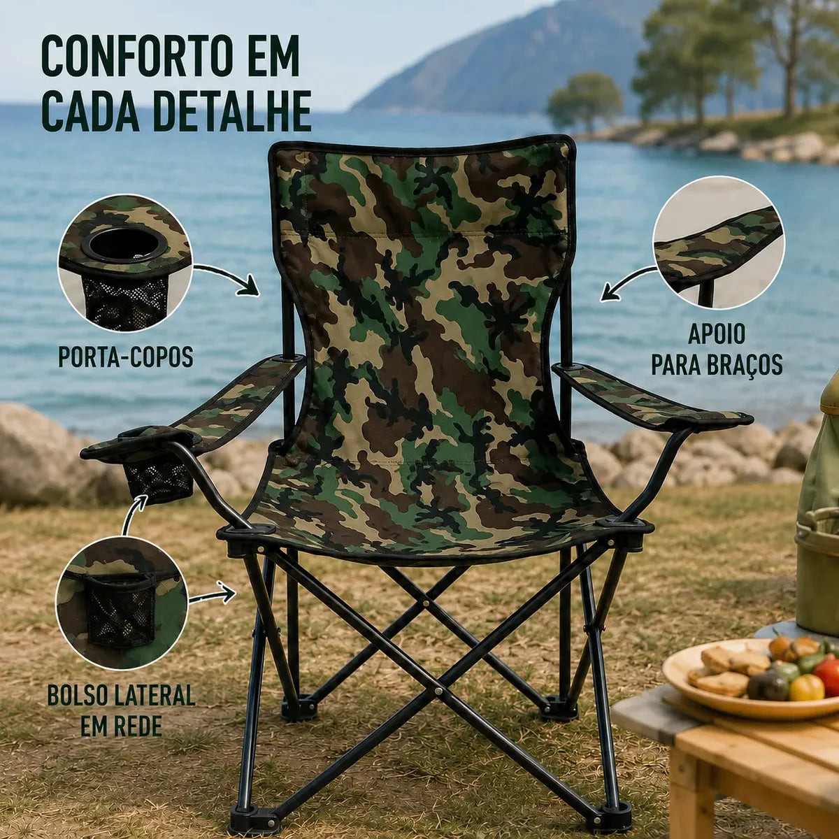 Cadeira de Camping e Pesca Dobrável Camuflada com Porta Copo