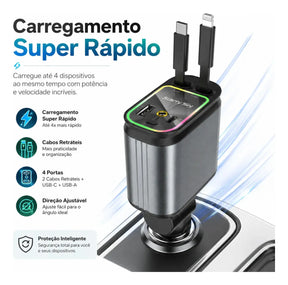 Carregador Veicular Turbo 4 em 1 Articulado 180° com Cabos Integrados