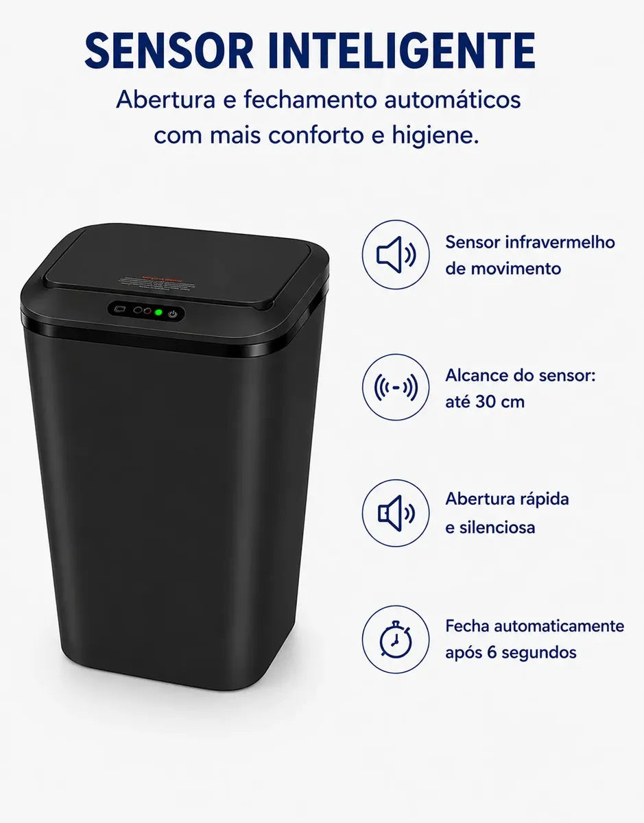Lixeira Inteligente 16L com Sensor Automático Ideal para Banheiro, Cozinha e Escritório, Recarregável Via USB