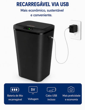 Lixeira Inteligente 16L com Sensor Automático Ideal para Banheiro, Cozinha e Escritório, Recarregável Via USB