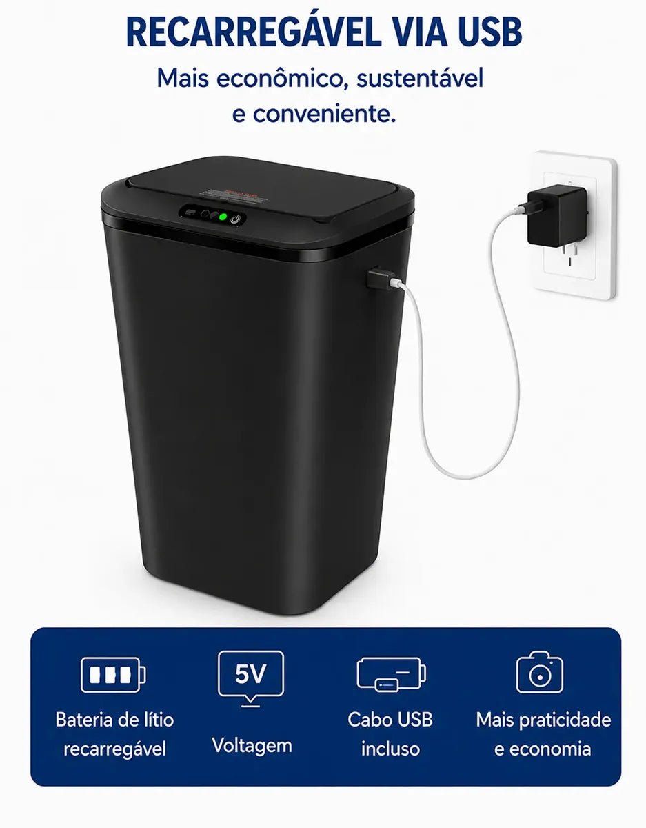 Lixeira Inteligente 16L com Sensor Automático Ideal para Banheiro, Cozinha e Escritório, Recarregável Via USB