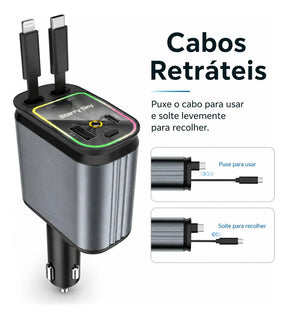 Carregador Veicular Turbo 4 em 1 Articulado 180° com Cabos Integrados