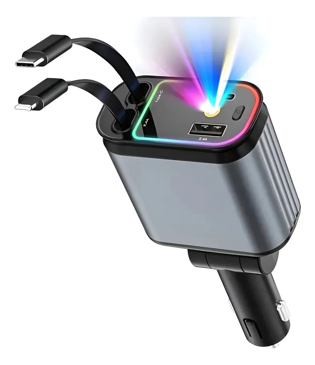 Carregador Veicular Turbo 4 em 1 Articulado 180° com Cabos Integrados