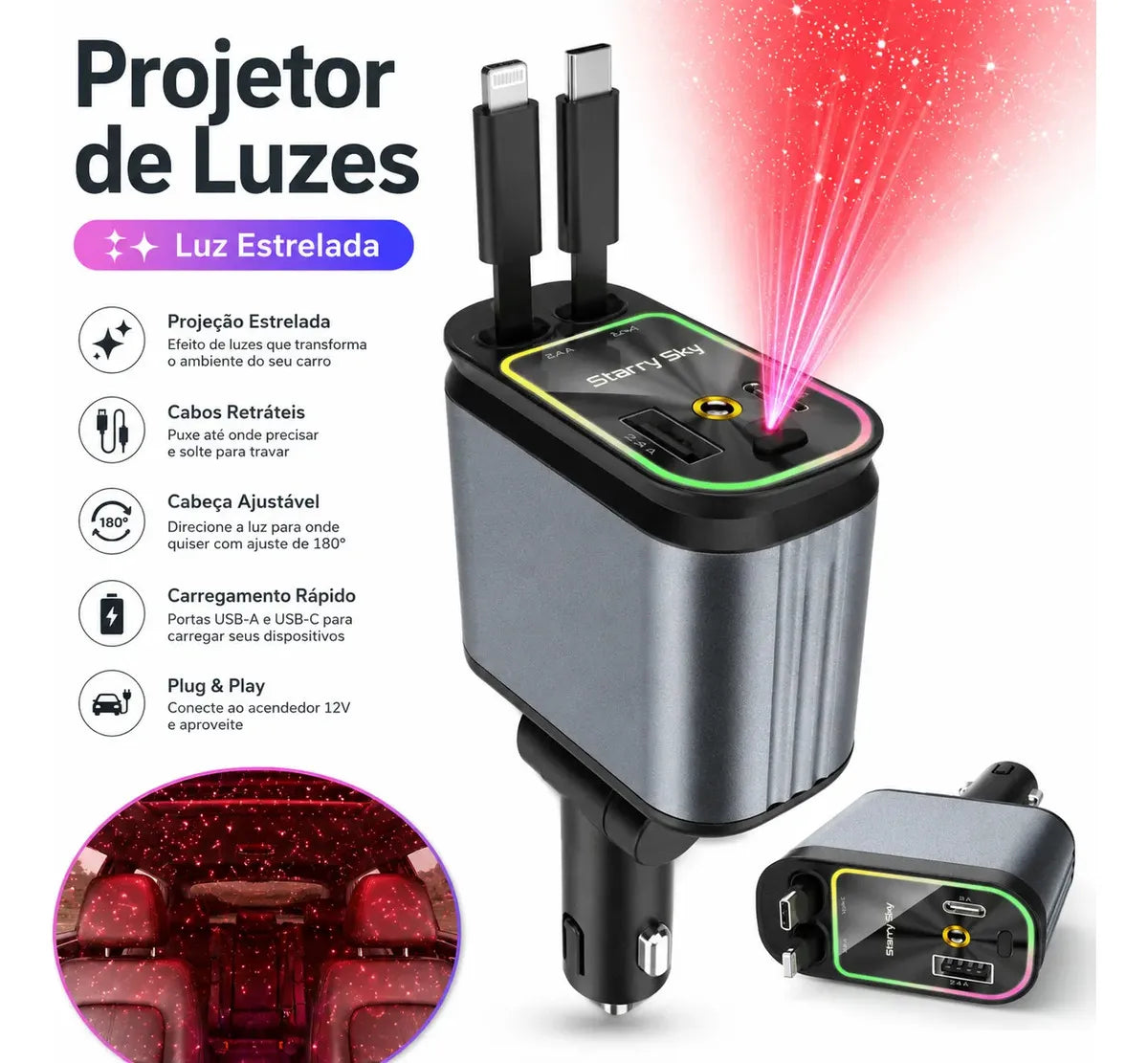 Carregador Veicular Turbo 4 em 1 Articulado 180° com Cabos Integrados