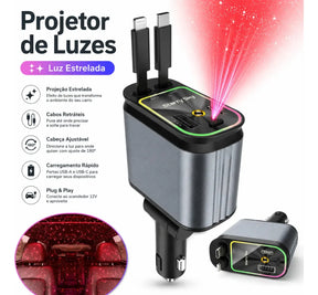 Carregador Veicular Turbo 4 em 1 Articulado 180° com Cabos Integrados