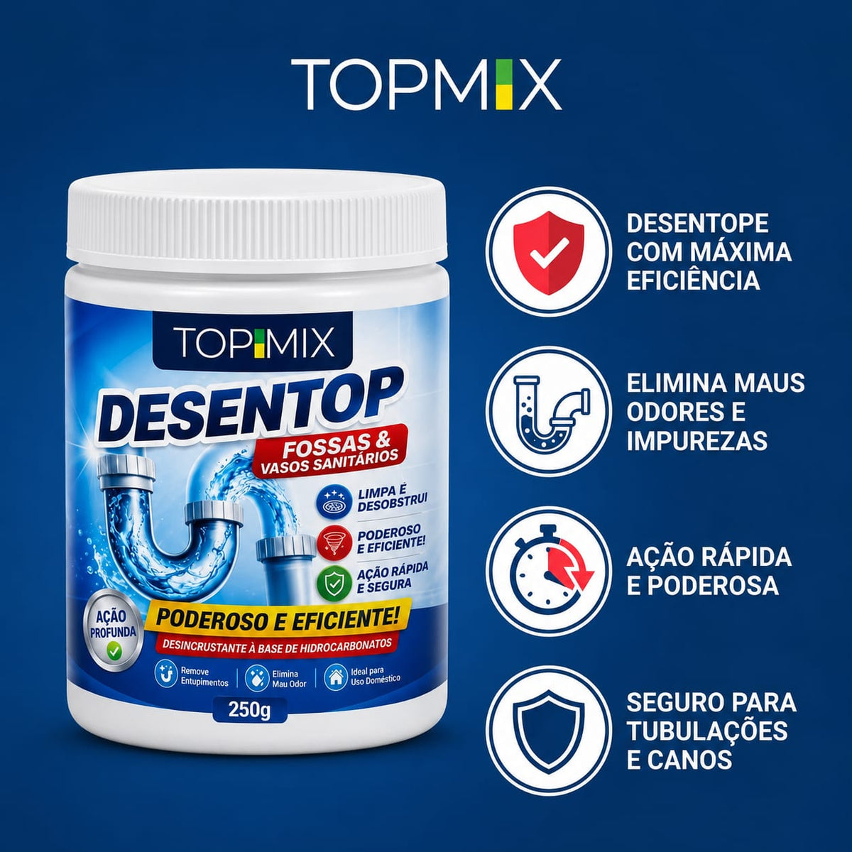 Aplicação do desentupidor em pó Top Mix na pia de cozinha para dissolver restos de alimentos e gordura