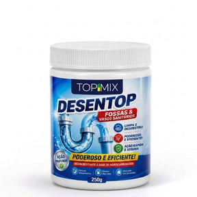 Desentupidor em pó Top Mix mostrando a solução rápida para desentupir pias, ralos e vasos sanitários sem esforço