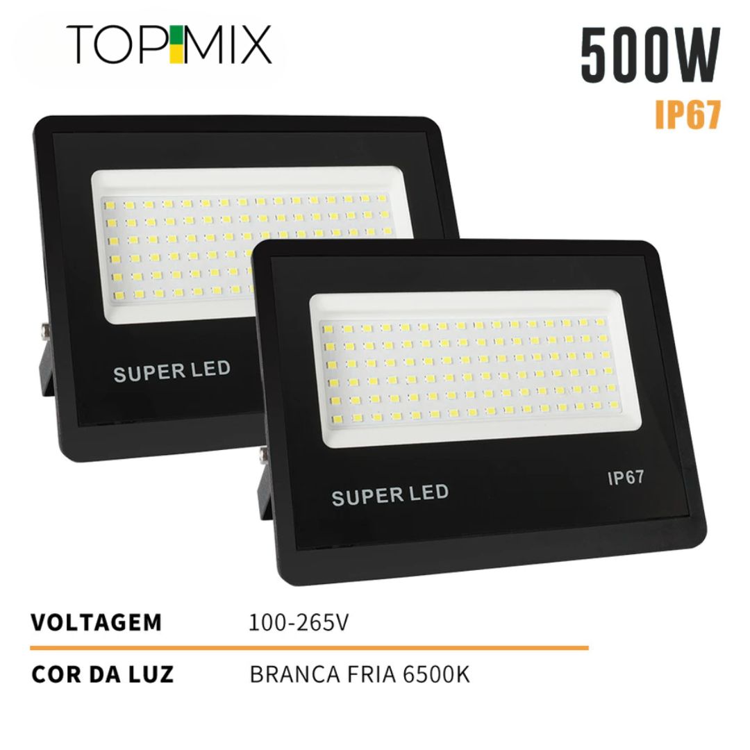 Refletor LED 500W Holofote á prova d' Água - Kit 1 a 4 Unidades Top Mix