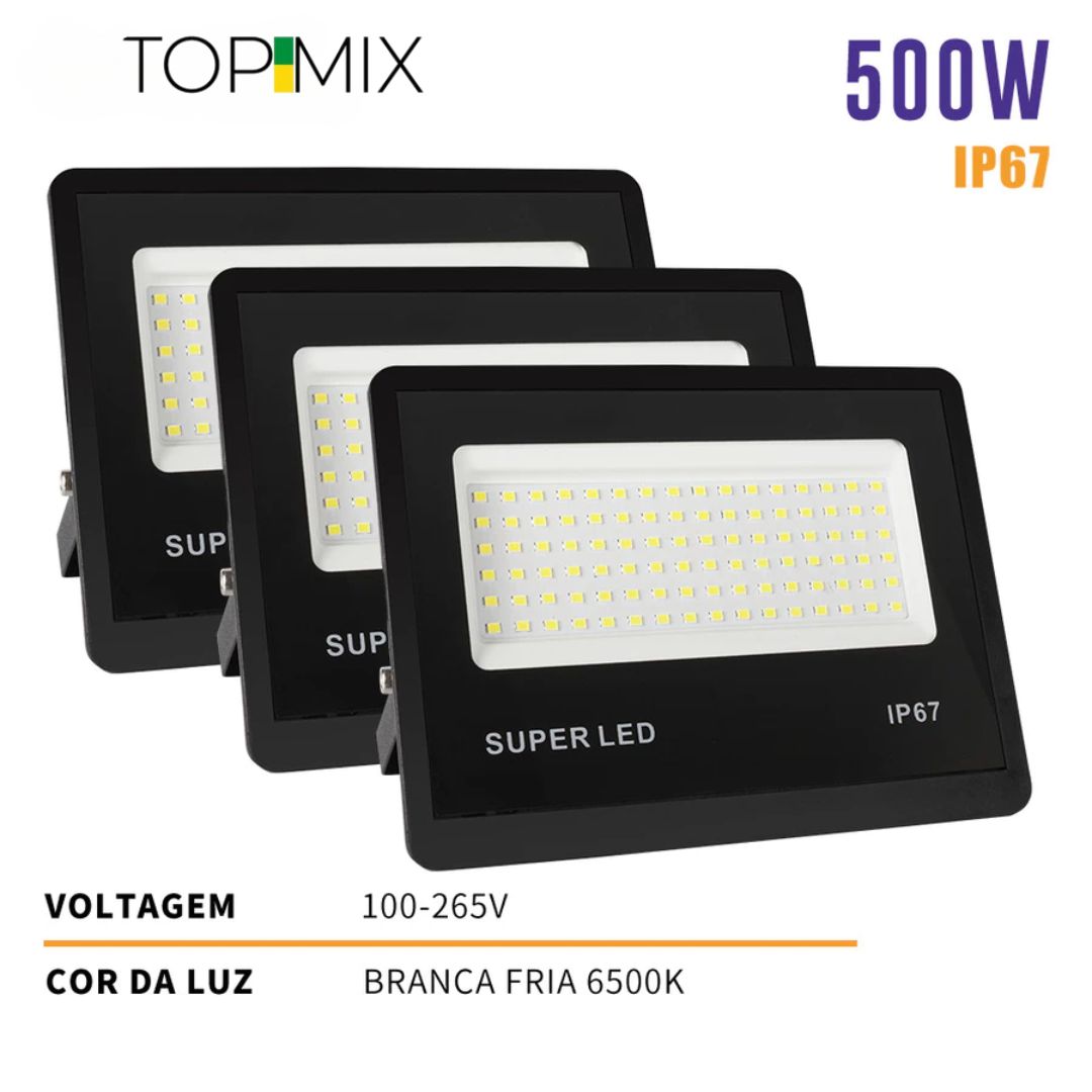 Refletor LED 500W Holofote á prova d' Água - Kit 1 a 4 Unidades Top Mix