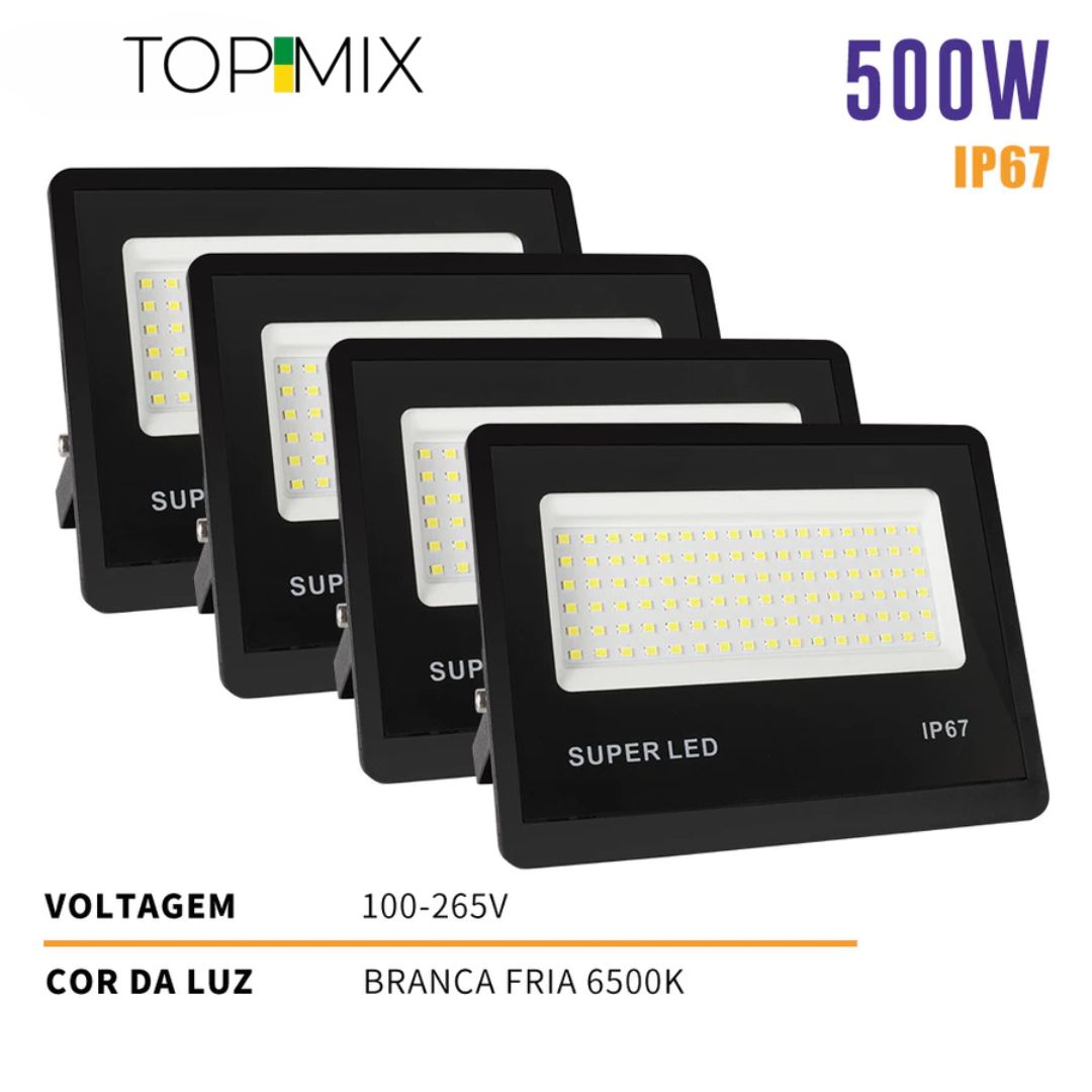 Refletor LED 500W Holofote á prova d' Água - Kit 1 a 4 Unidades Top Mix