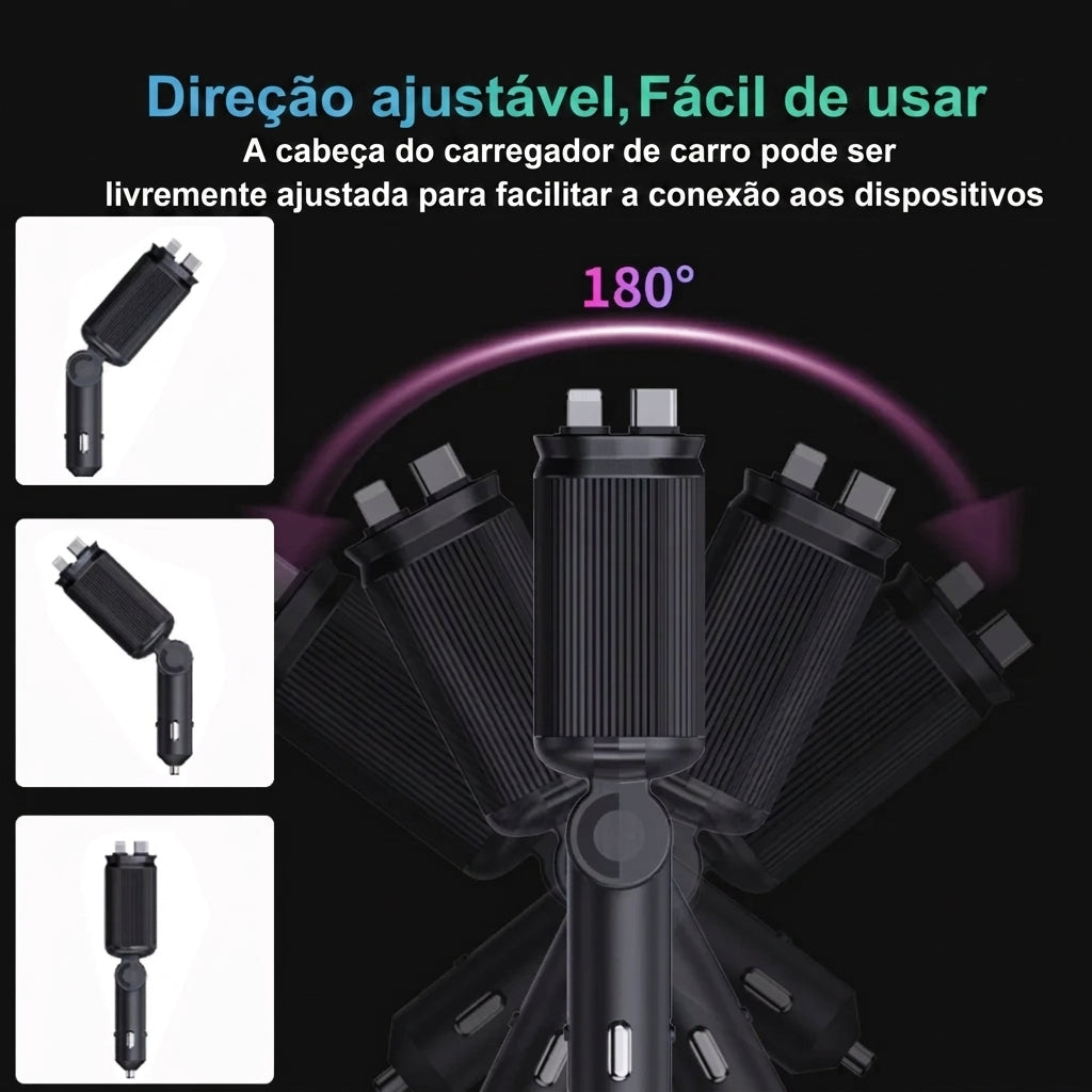 Carregador Veicular Turbo 4 em 1 Articulado 180° com Cabos Integrados