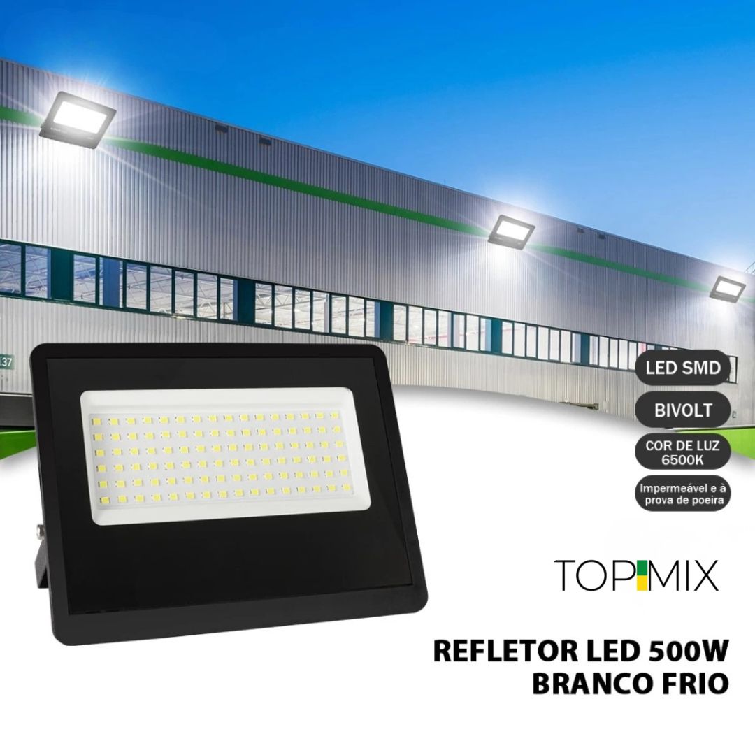 Refletor LED 500W Holofote á prova d' Água - Kit 1 a 4 Unidades Top Mix