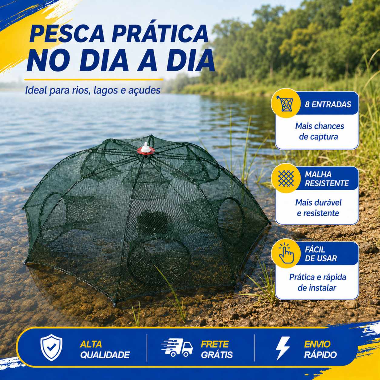 Armadilha com 8 Bocas para Isca Viva (Lambari/Peixes Pequenos)
