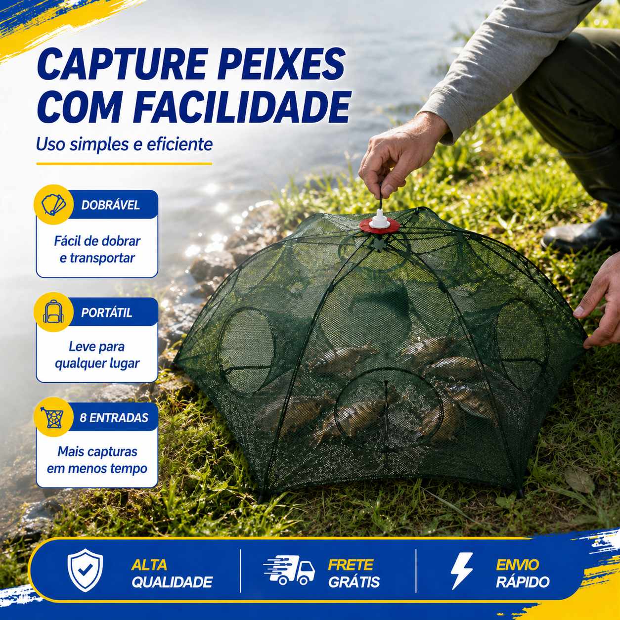 Armadilha com 8 Bocas para Isca Viva (Lambari/Peixes Pequenos)