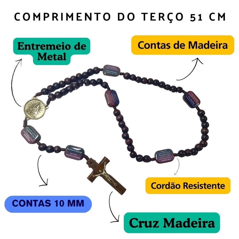 Terço Original Católico Com os Misterios da Contemplação de Madeira Com medalha e Crucifixo