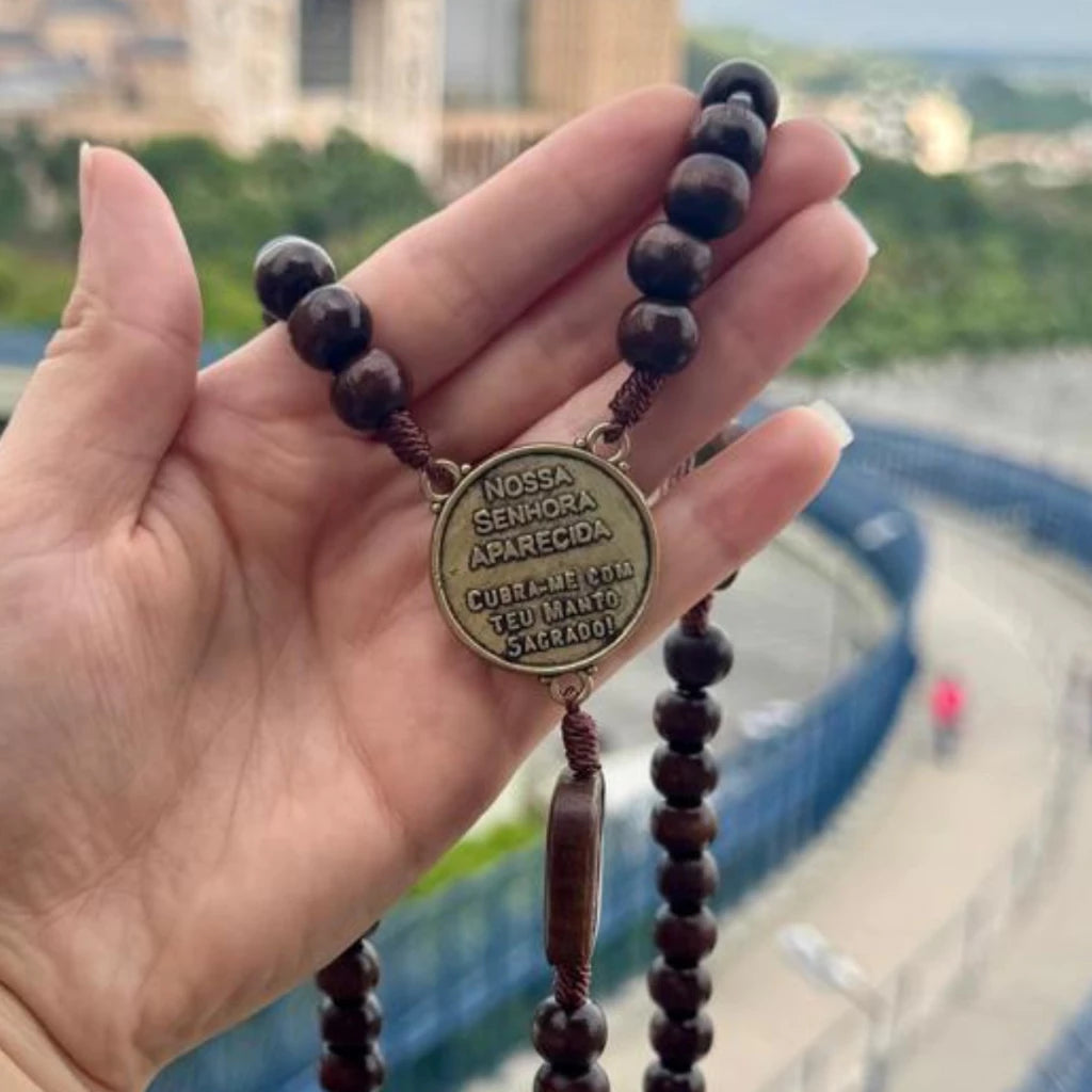 Terço Original Católico Com os Misterios da Contemplação de Madeira Com medalha e Crucifixo