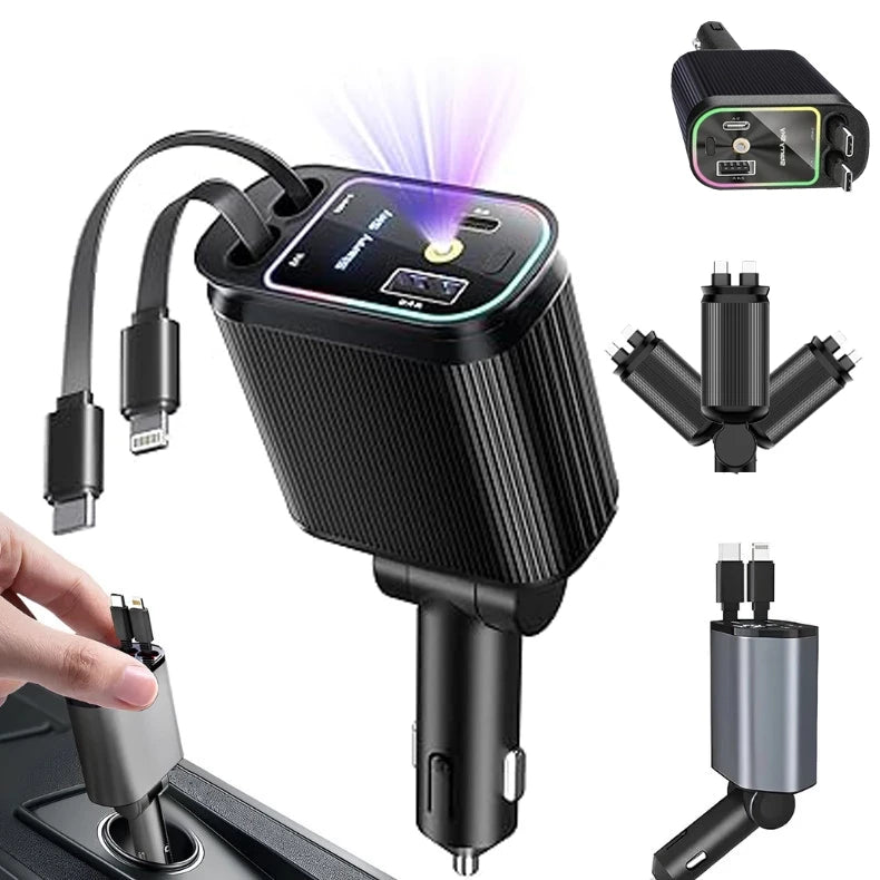 Carregador Veicular Turbo 4 em 1 Articulado 180° com Cabos Integrados
