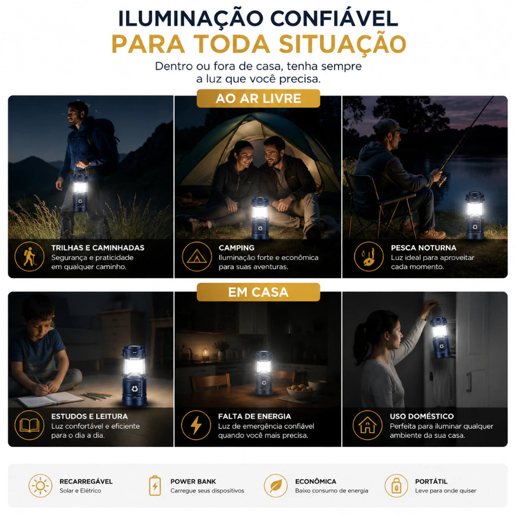 Lampião Solar LED 3 em 1 – Lanterna, Power Bank e Luz de Emergência