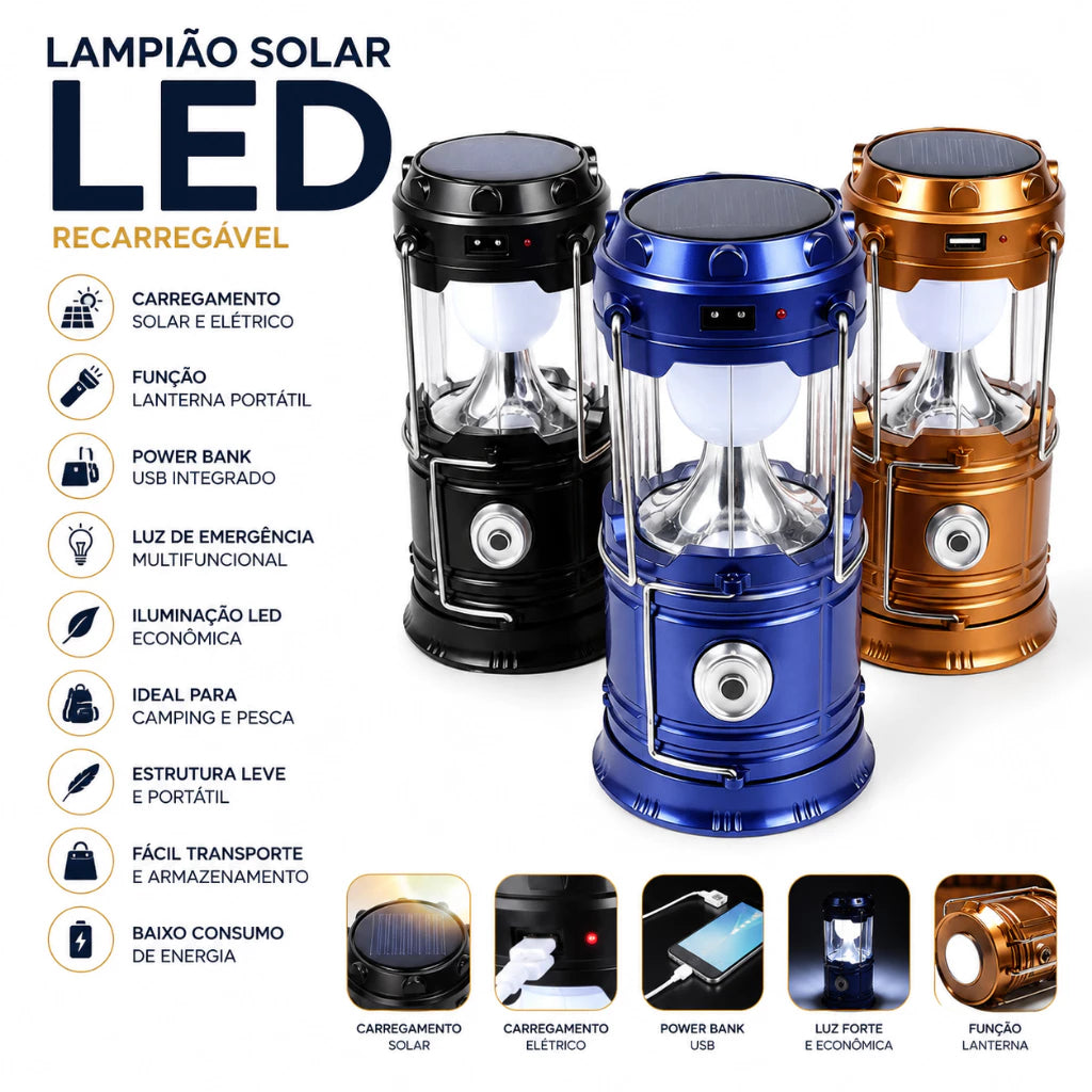 Lampião Solar LED 3 em 1 – Lanterna, Power Bank e Luz de Emergência
