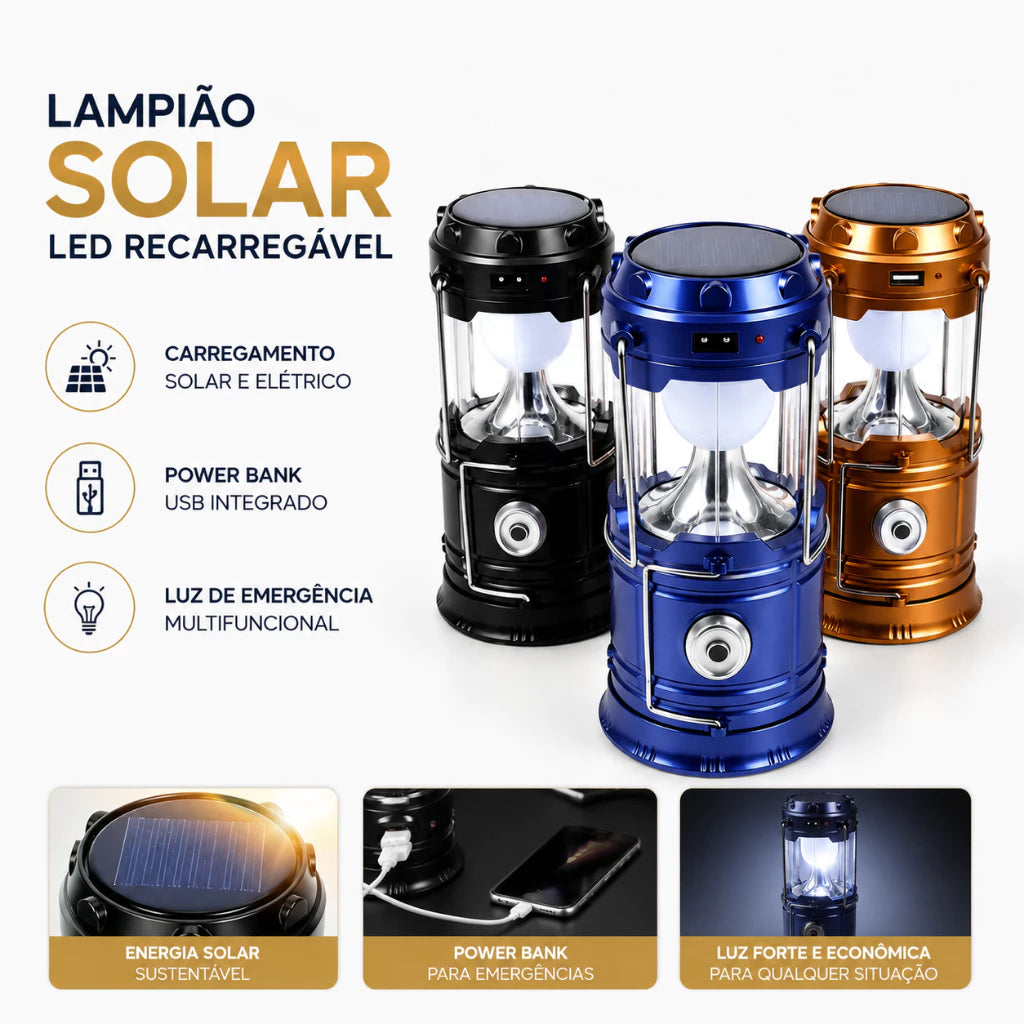 Lampião Solar LED 3 em 1 – Lanterna, Power Bank e Luz de Emergência