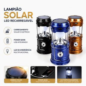Lampião Solar LED 3 em 1 – Lanterna, Power Bank e Luz de Emergência