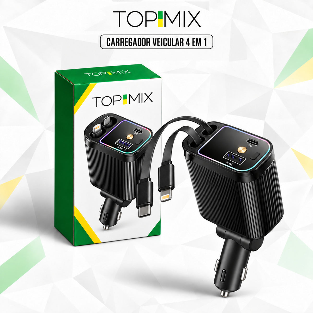 Carregador Veicular Turbo 4 em 1 Articulado 180° com Cabos Integrados
