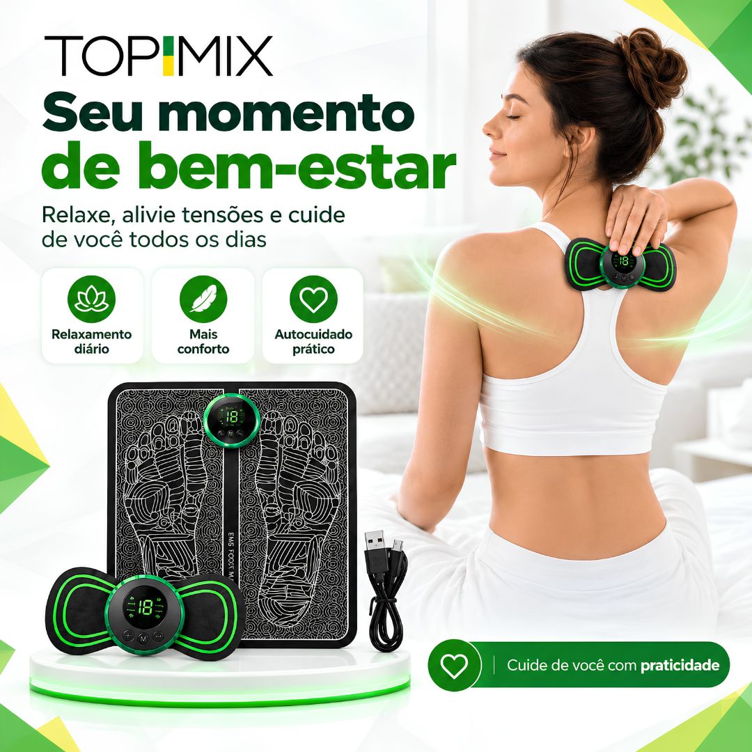 Kit Massageador para Pés e Corpo com Tapete e Mini Massageador USB – 8 Modos e 19 Níveis de Intensidade