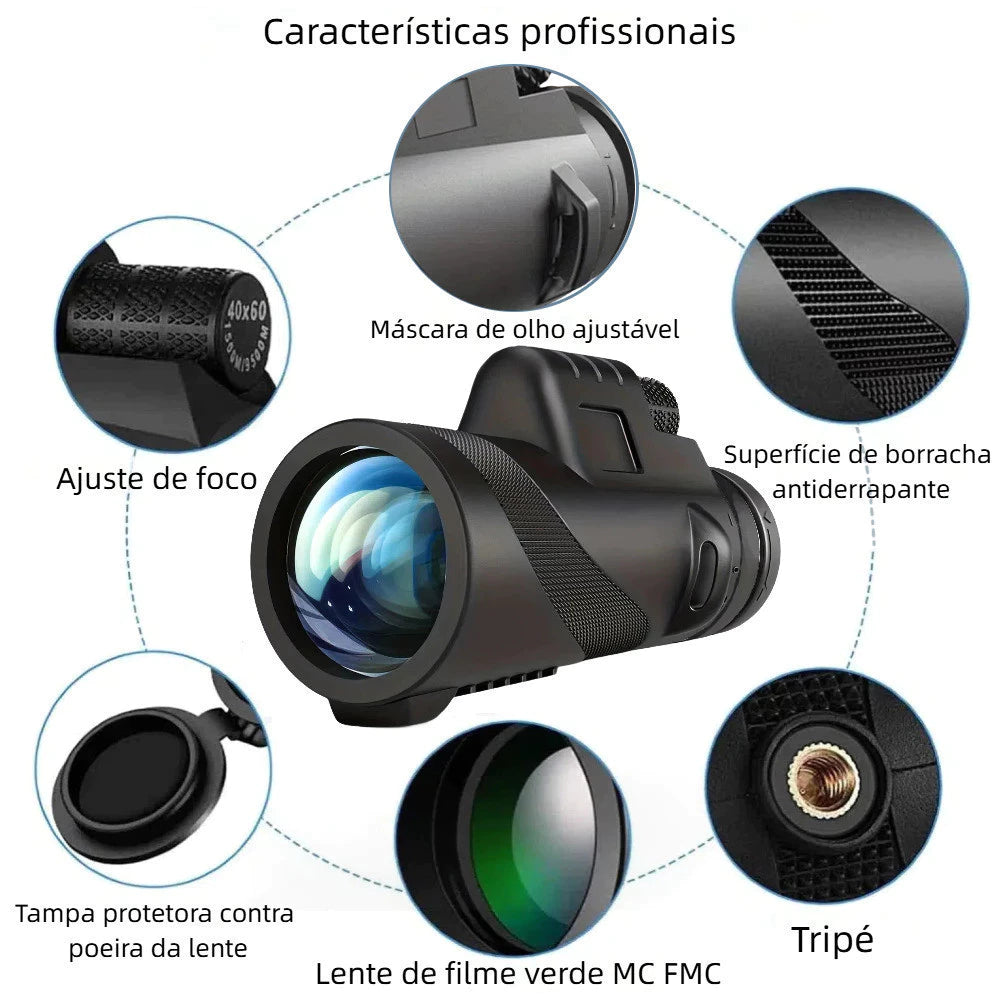 Monóculo Telescópio 40x60 HD + Tripé e Suporte para Celular