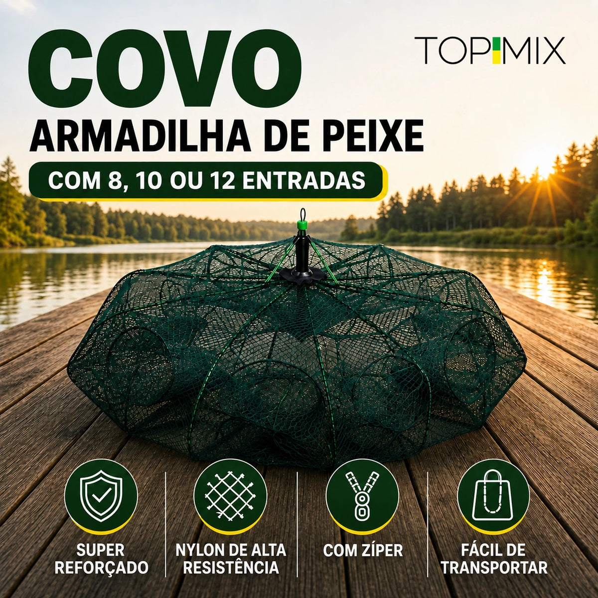 Armadilha Covo Retrátil com Zíper para Pesca Profissional